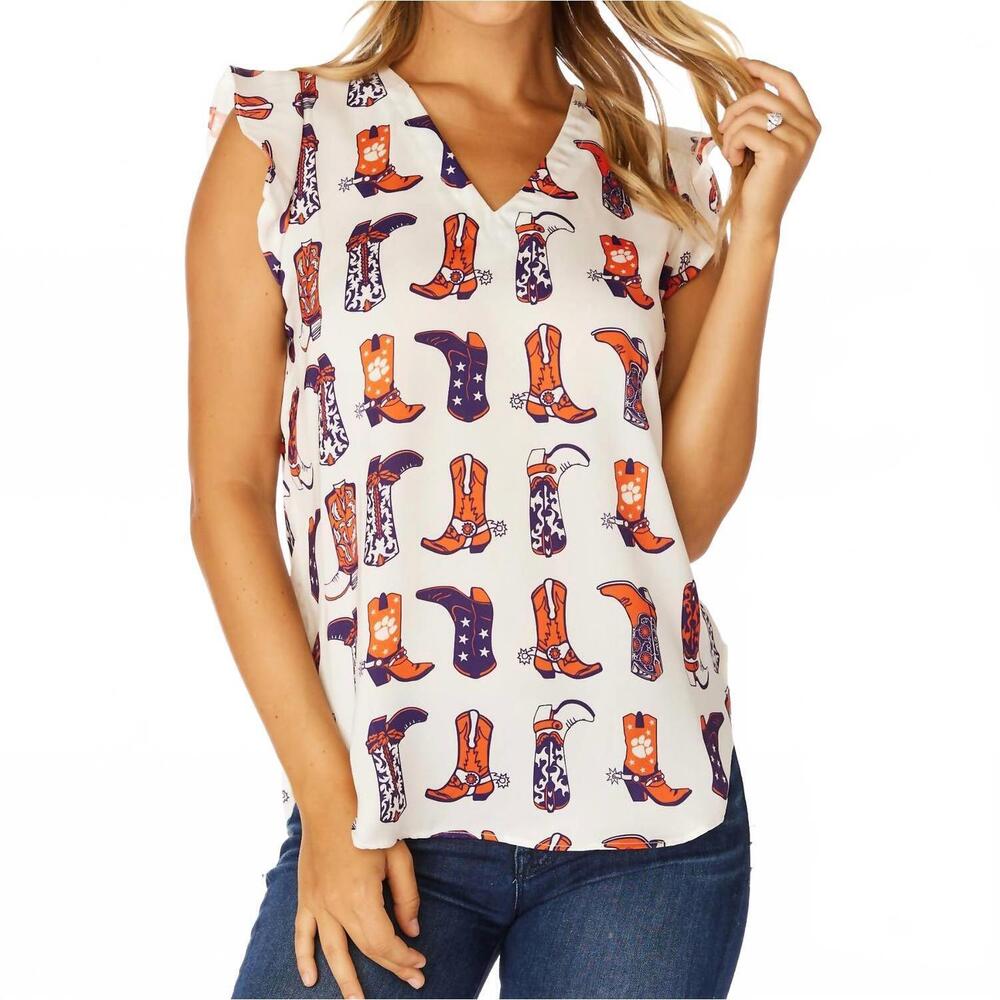 NEW STEWART SIMMONS clemson boots ruffle tank top in white